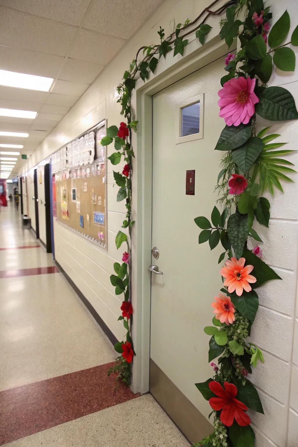 A nature-inspired academic entrance featuring blossoms and greenery.