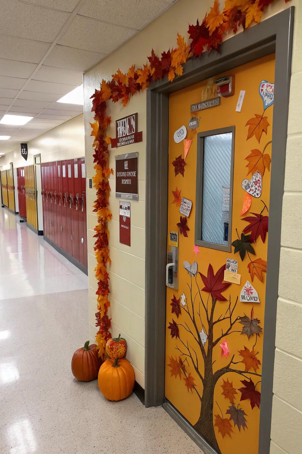 A festive school nurse door is decorated for the fall.