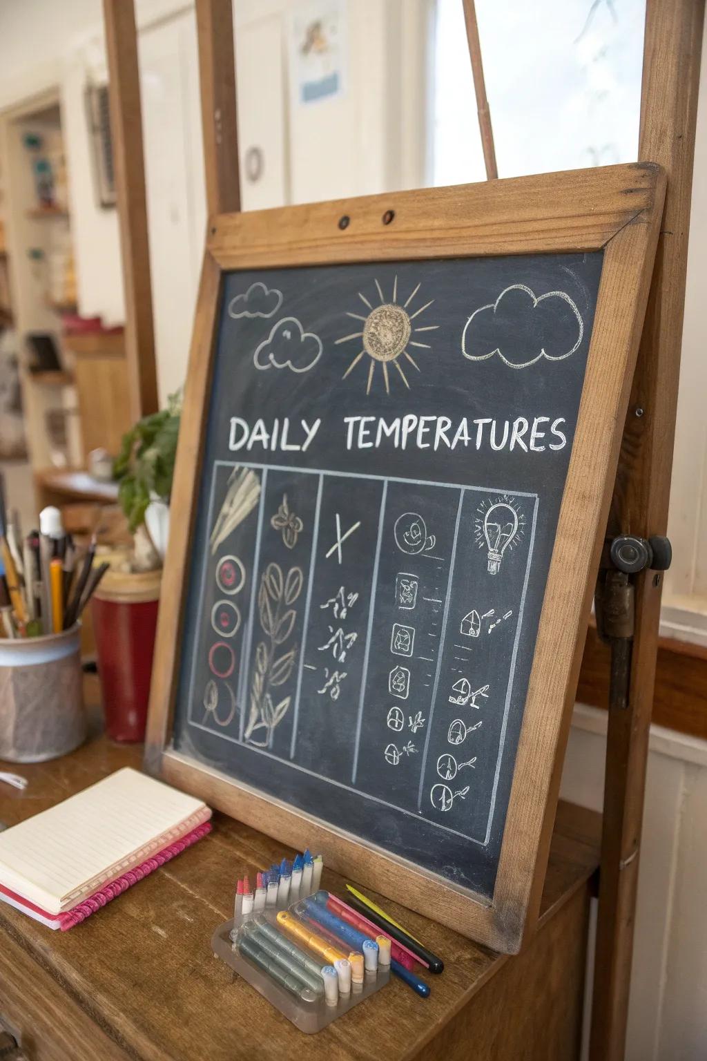 A chalkboard with a beautifully drawn weather almanac tracking daily temperatures.