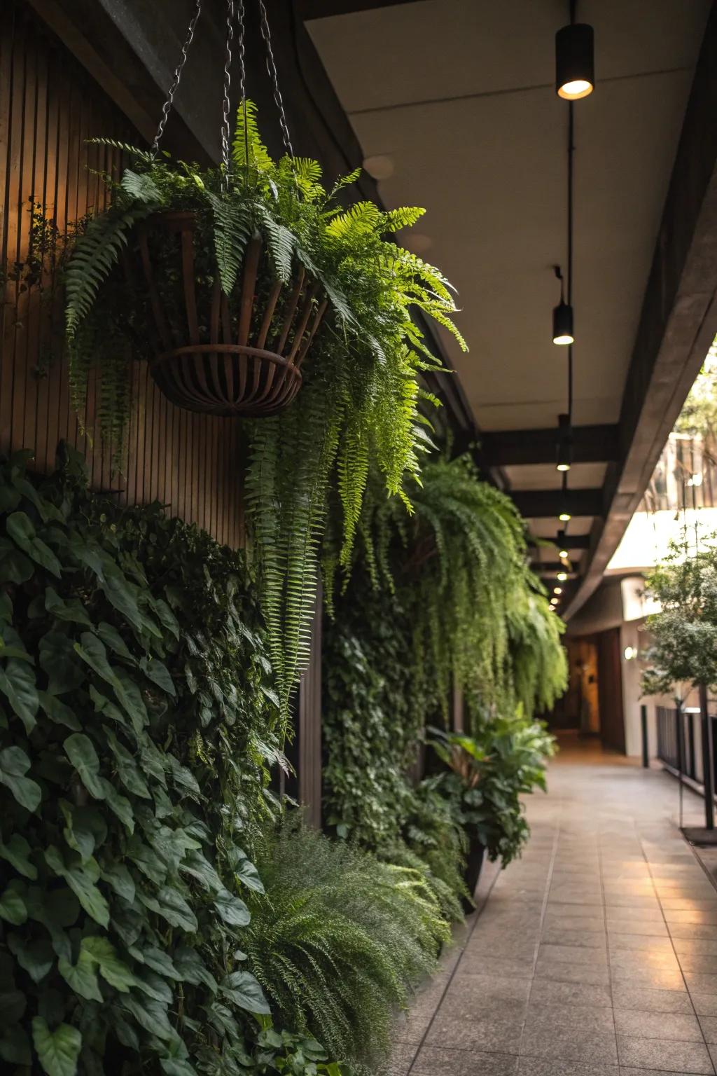 A towering garden in a shady zone with suspending containers filled with ferns and flowing sprouts.
