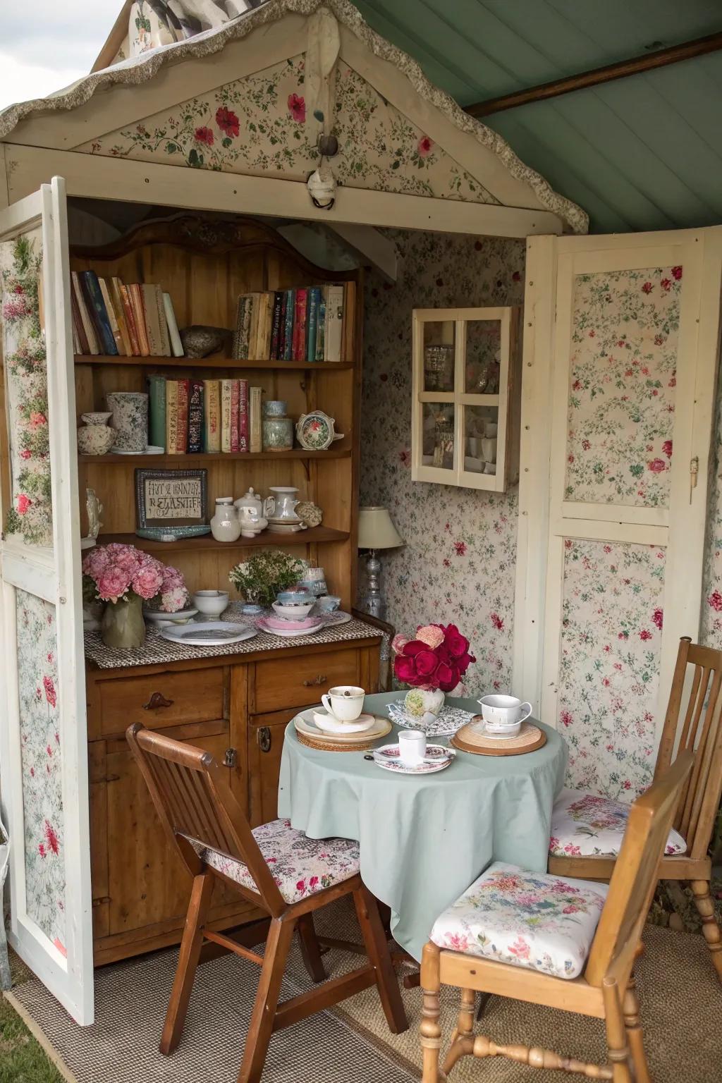 Revamp your she shed into a retro tea salon with floral patterns and antique charm.