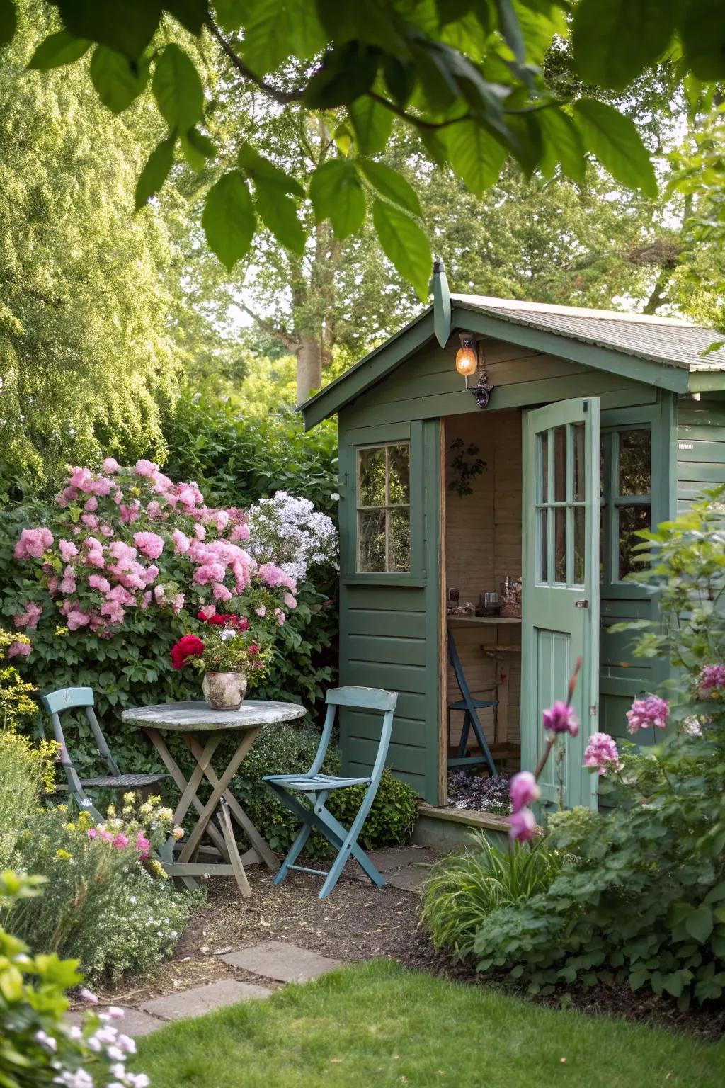 A garden shed evolved into an appealing garden bistro.
