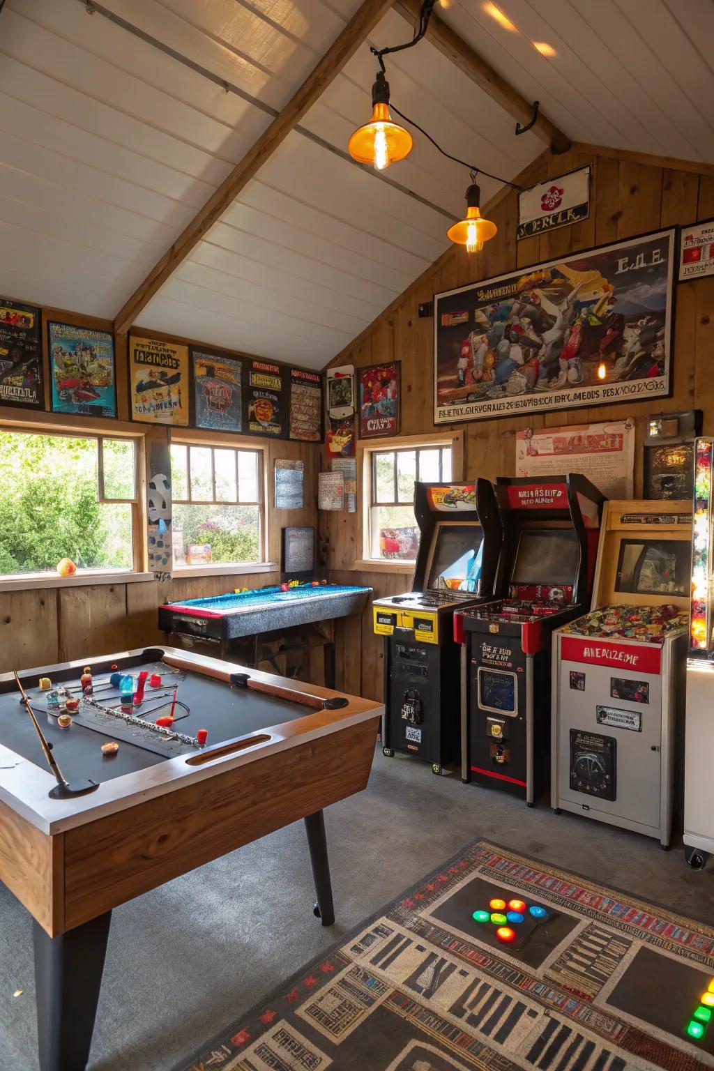 A shed modified into a fun game room for shared enjoyment with friends and family.