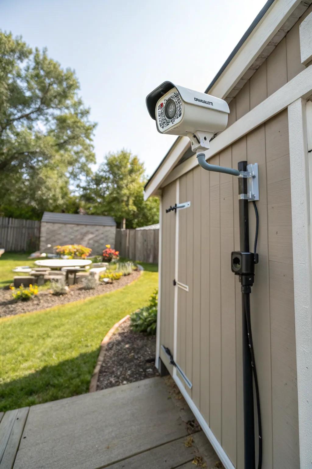 A smart camera offers careful surveillance over a garden shed.