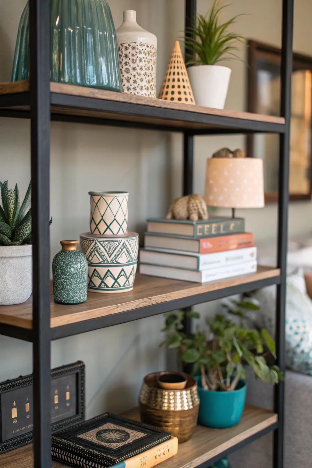 Layering adds dimension and visual interest to the shelf.