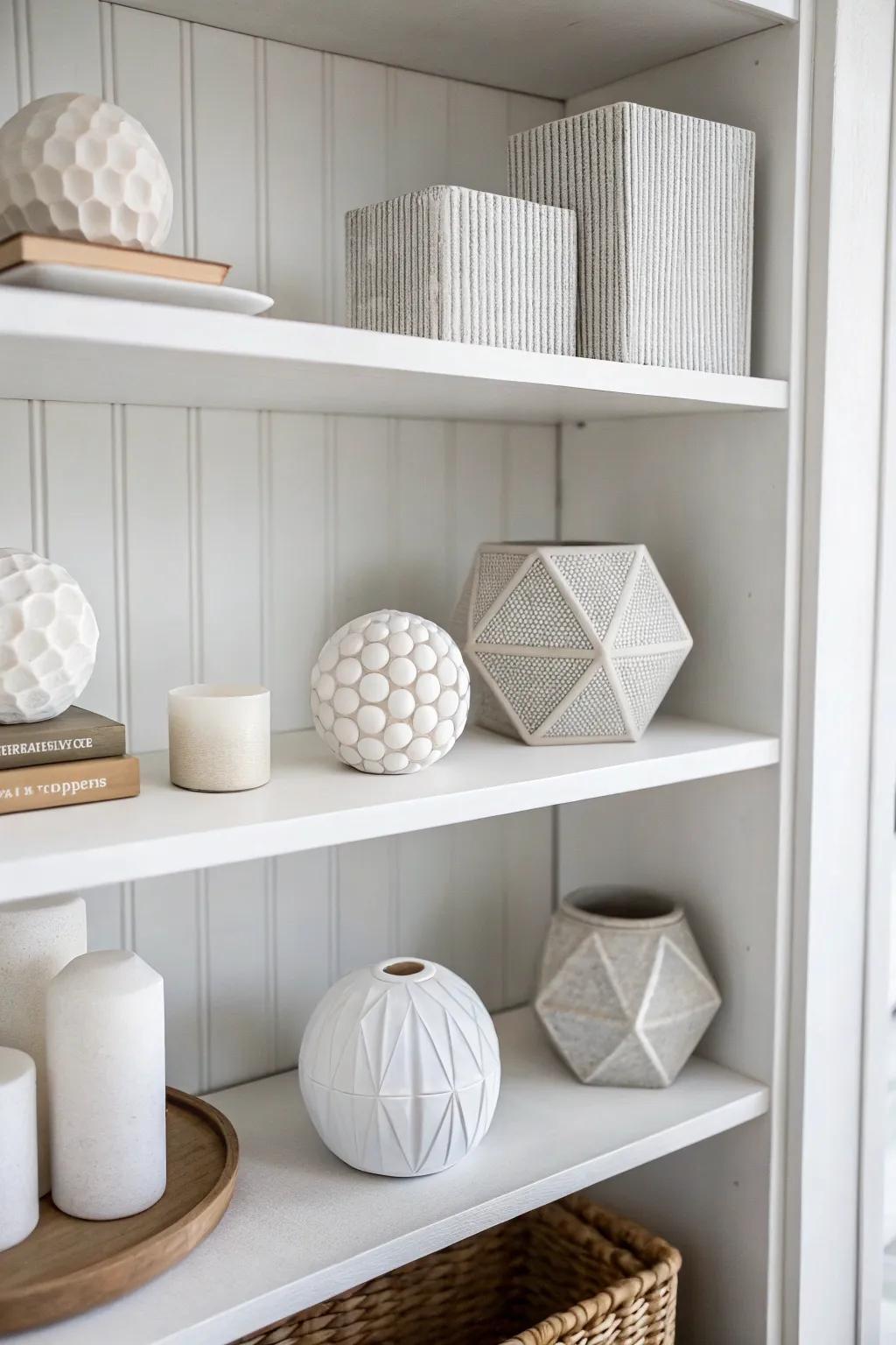 Distinct shapes inject fascination and visual allure to shelves.