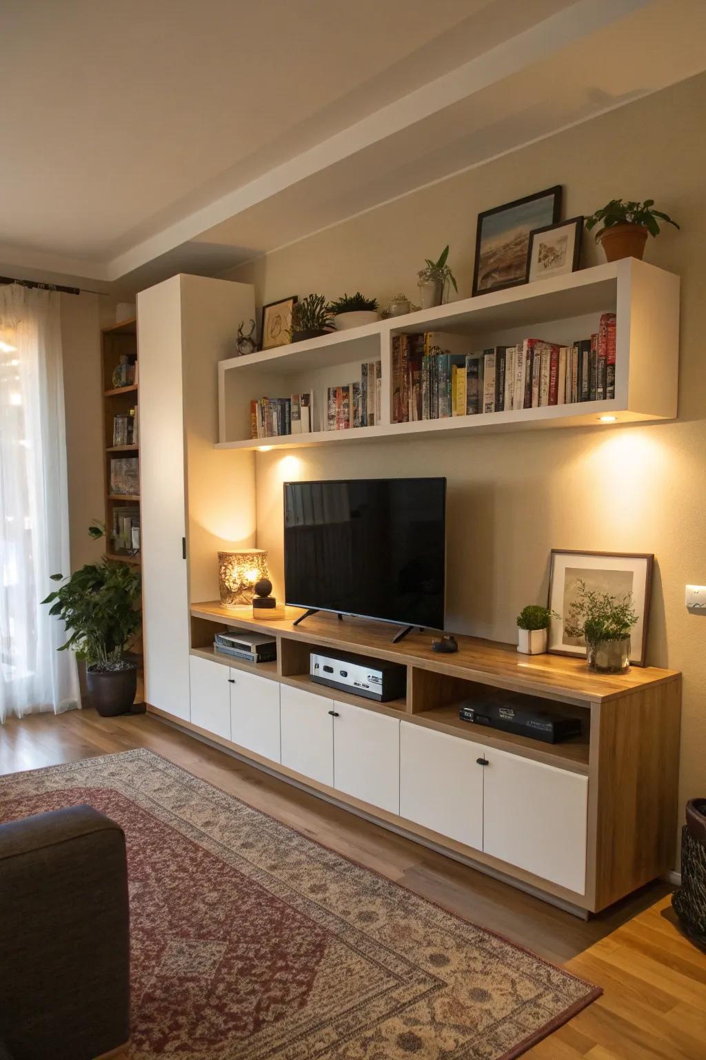 Hanging lockers deliver refined storing answers above the TV.
