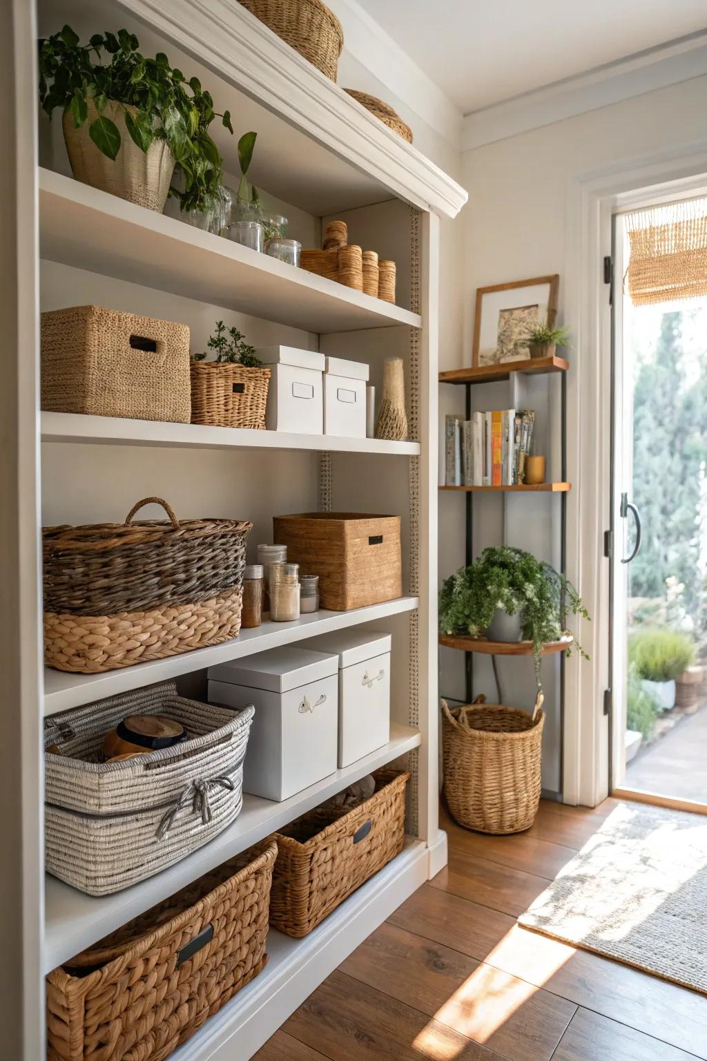Functional decor elevates the utility and charm of shelf arrangements.