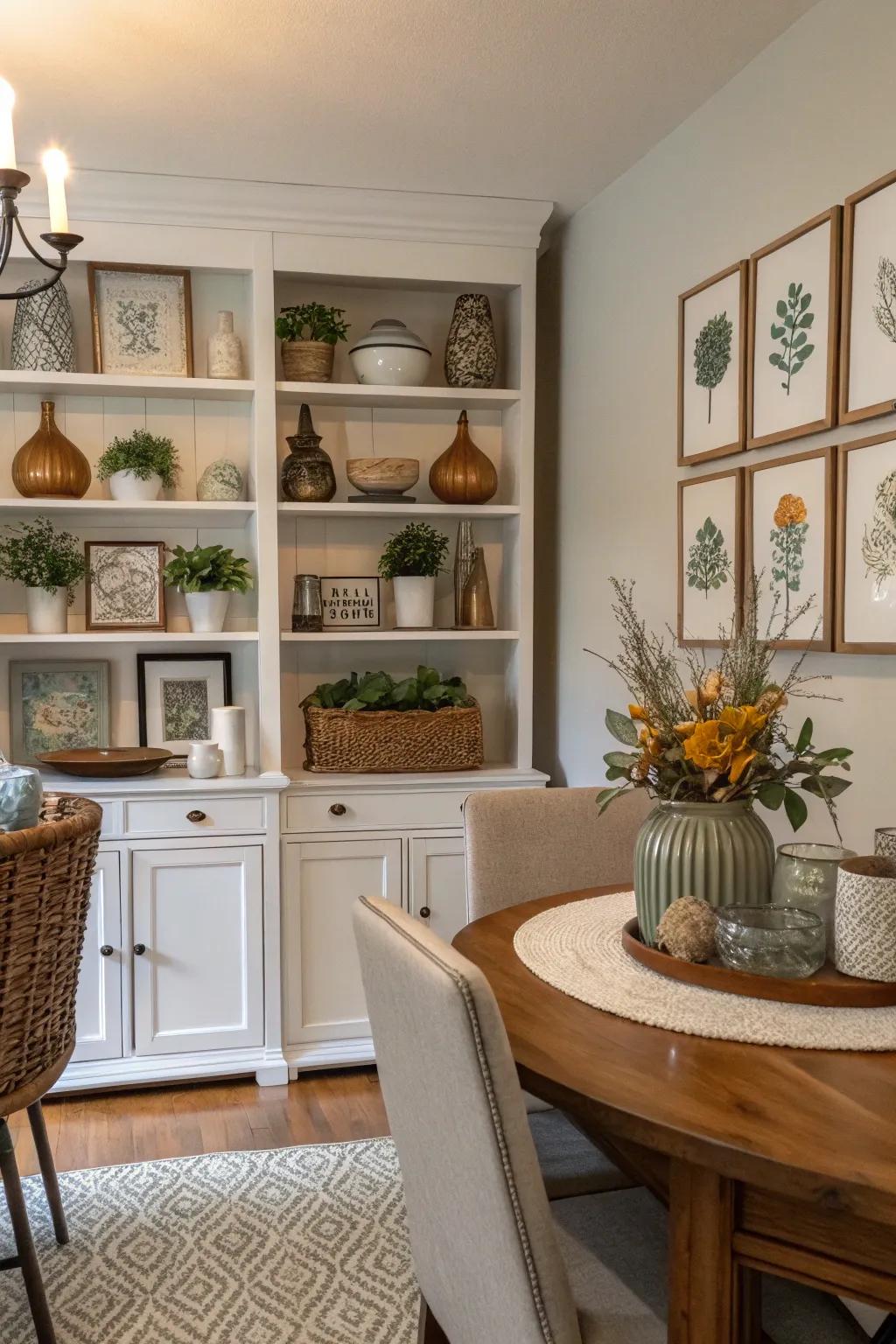Infusing individuality into the dining room shelves through ornamental configurations.