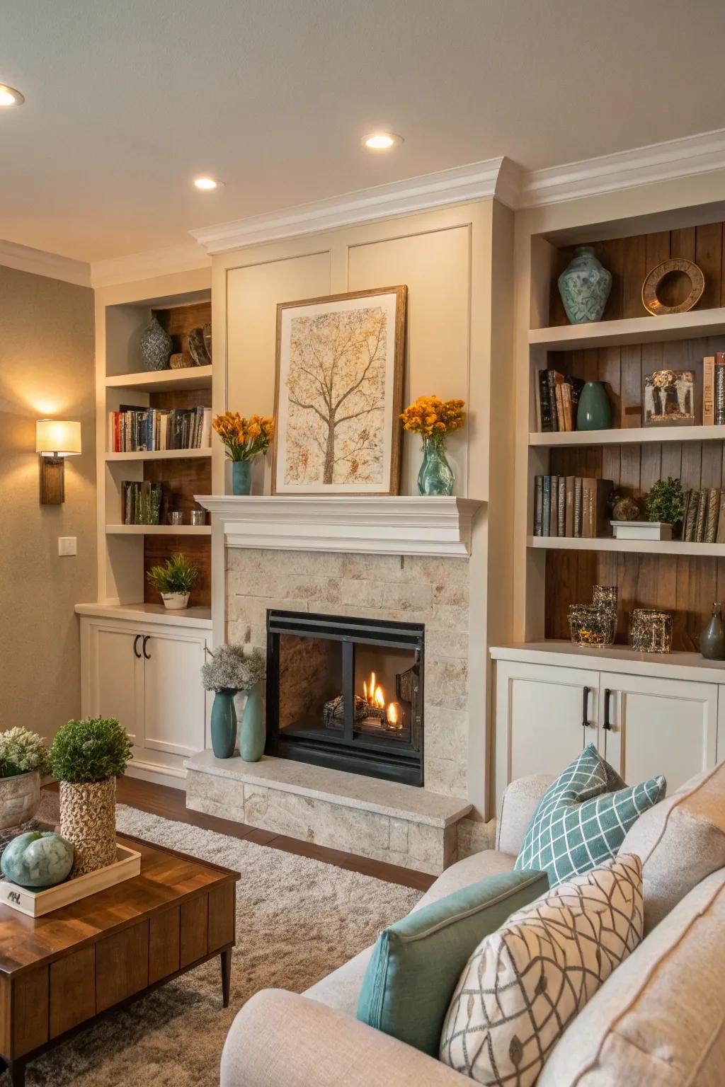 A harmonized shade harmony enhances the visual appeal of the shelves.