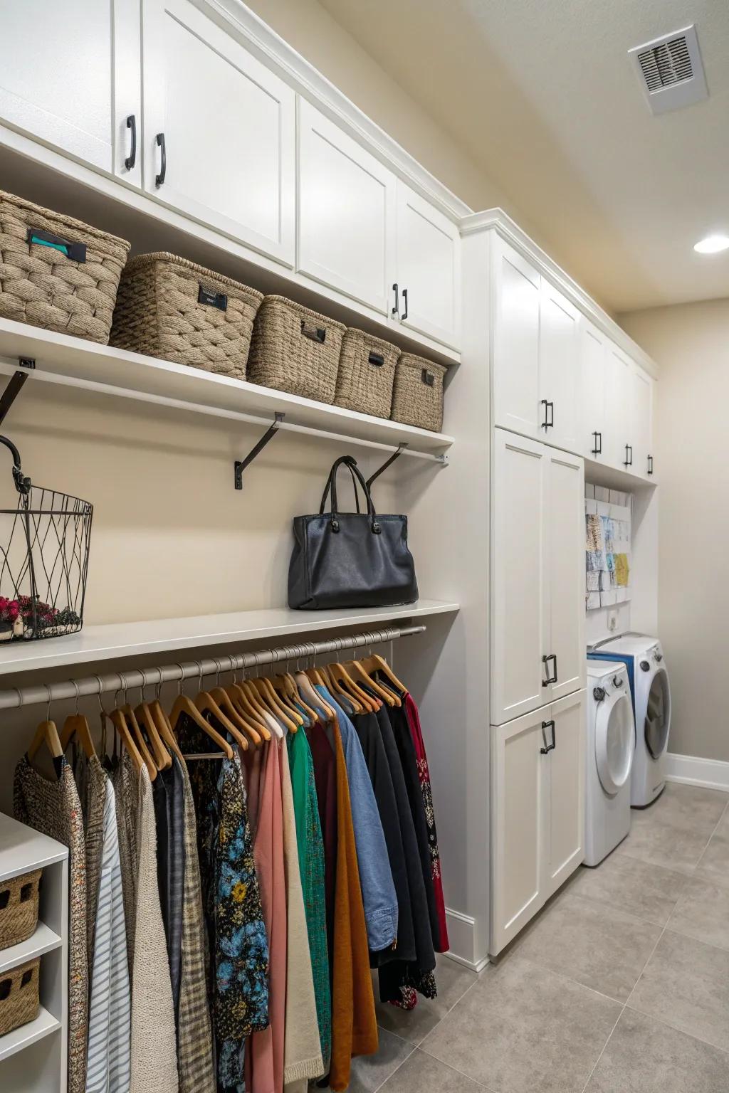 Shelves in a utility room equipped with hooks and rods for versatile storage solutions.