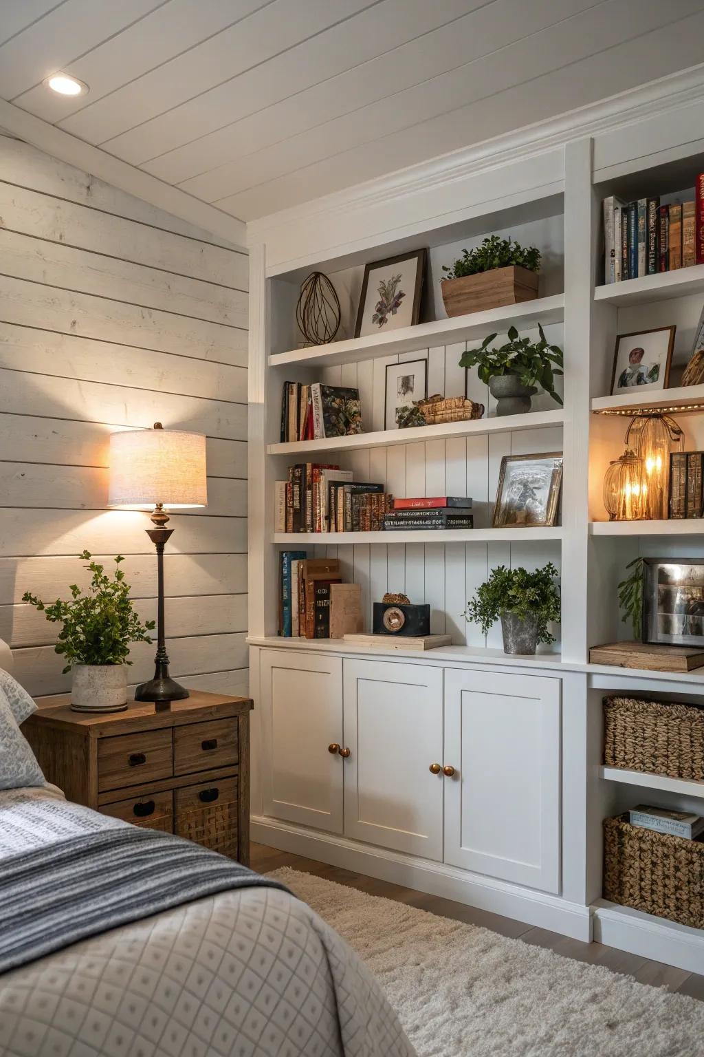 Fitted shelves with shiplap provide design and practicality.