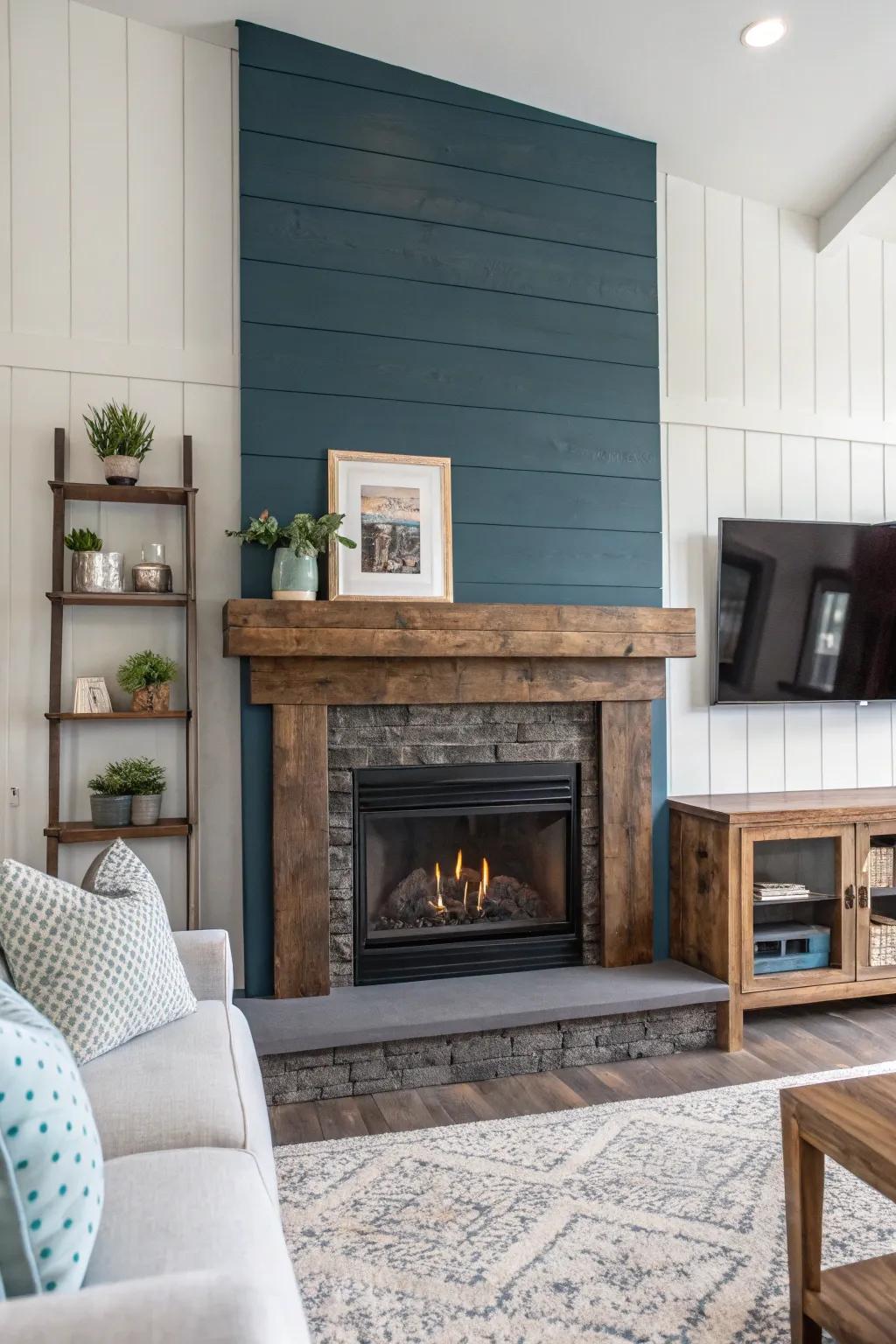 Using contrast in colors of shiplap and beam creates a striking modern twist.