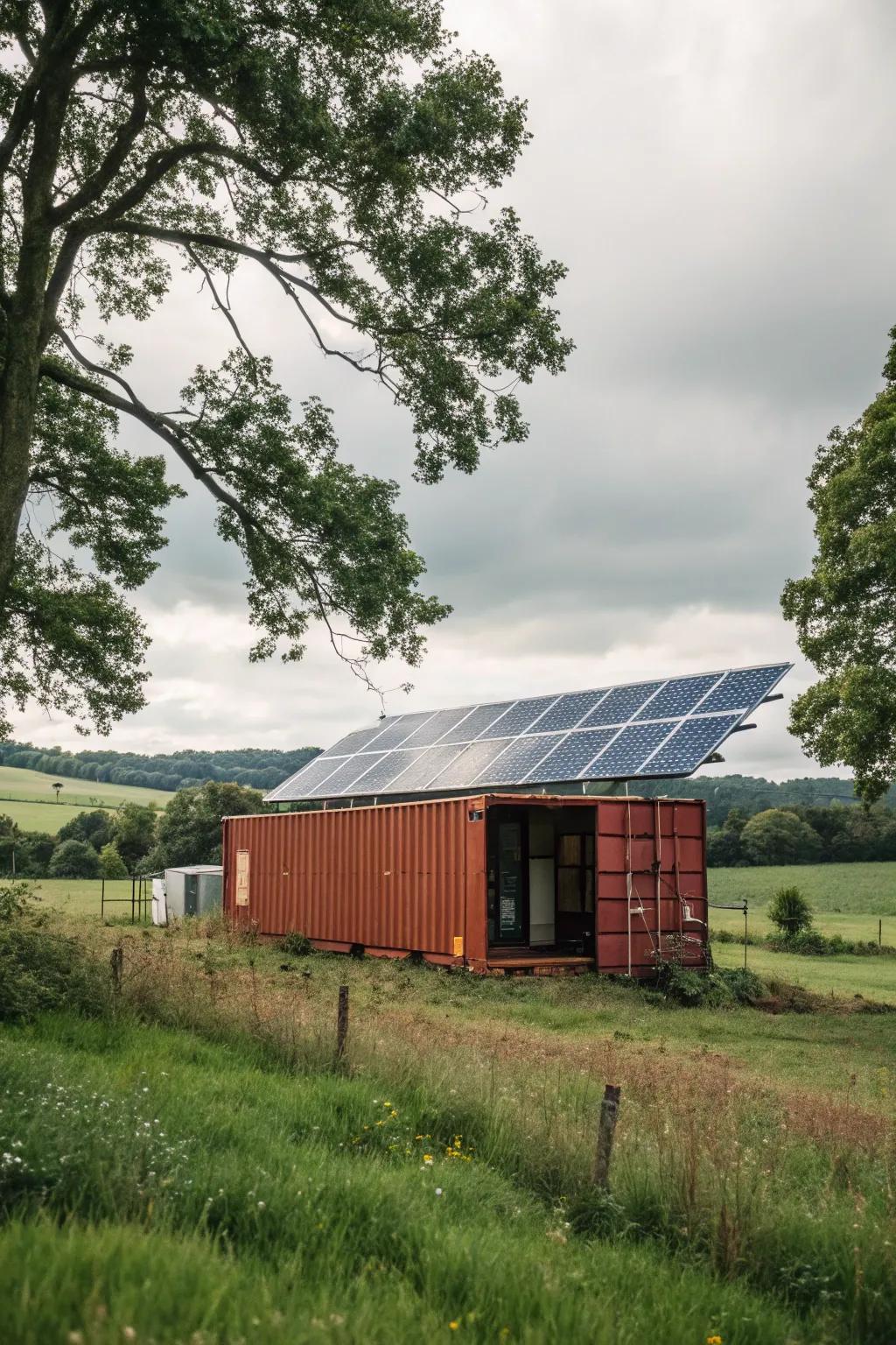 An off-grid shipping container barn powered by solar energy.