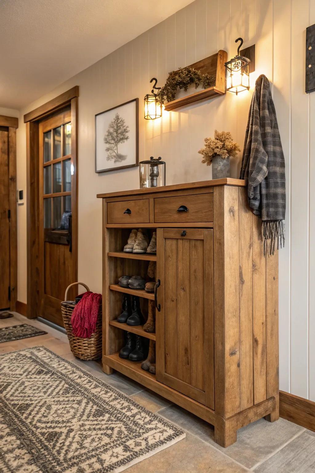 A country timber footwear closet adds charm to the foyer.