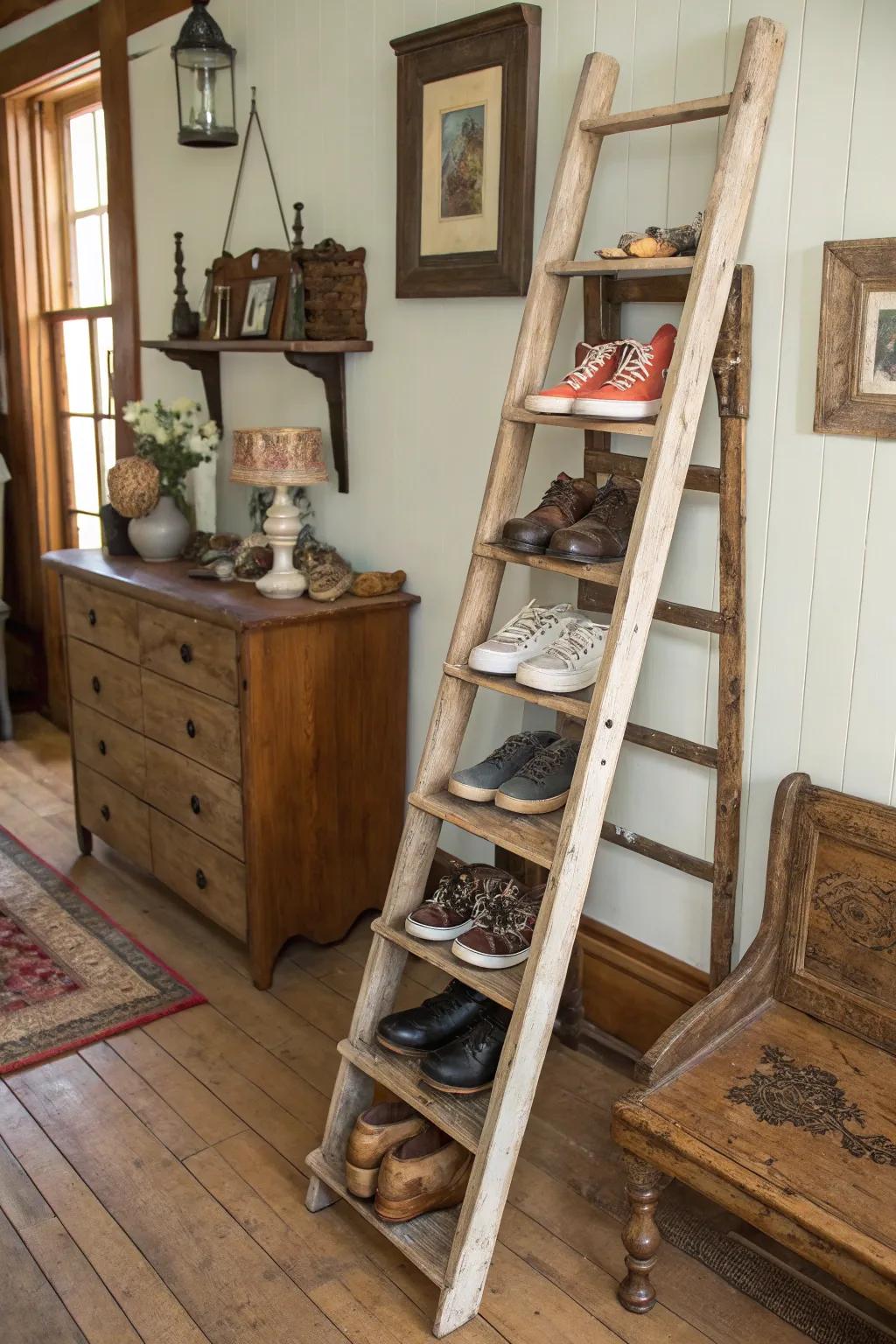 Repurpose vintage furniture for a unique shoe display.