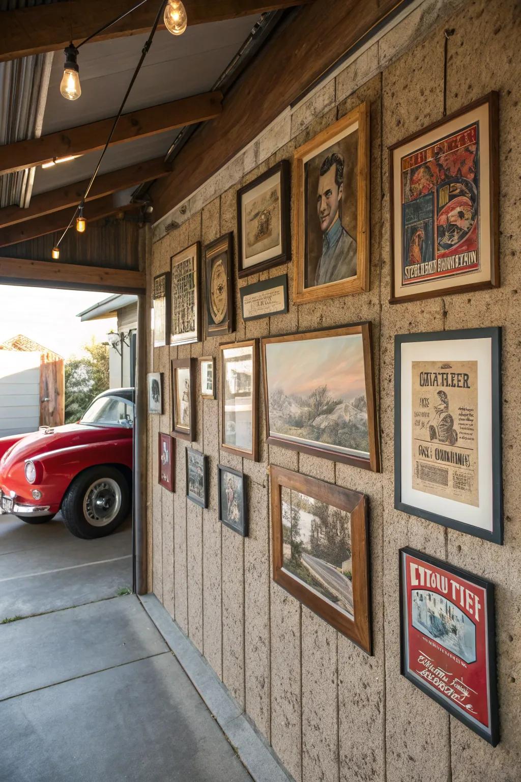 A garage wall adorned with vintage-style art.