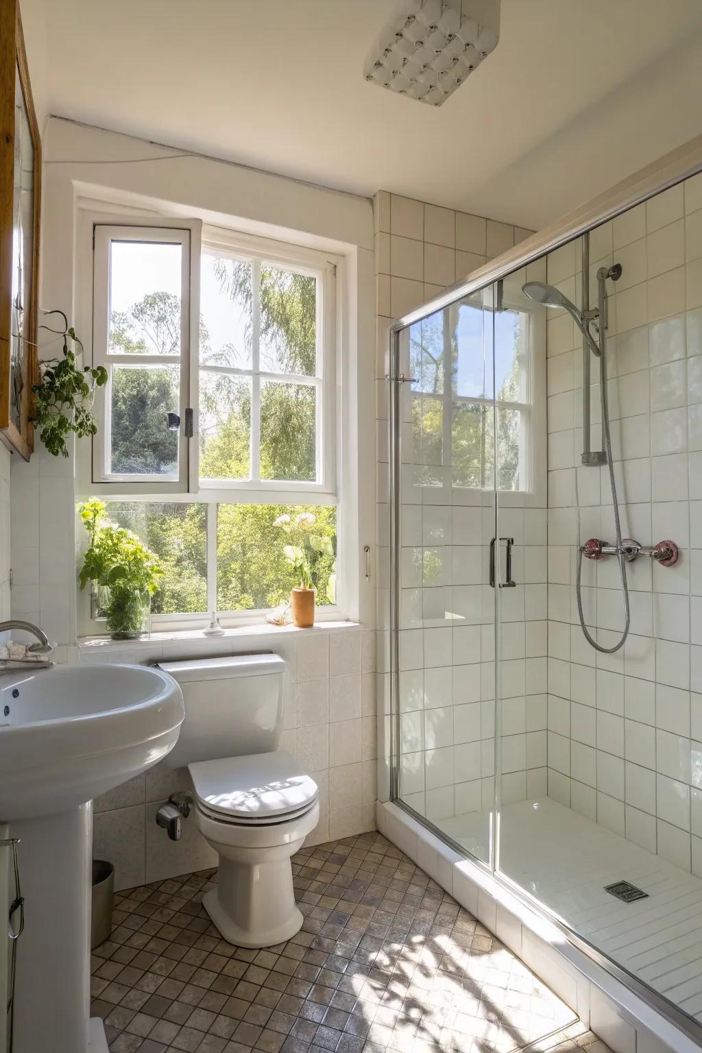 Sunlight enlivens and expands compact bathroom spaces.