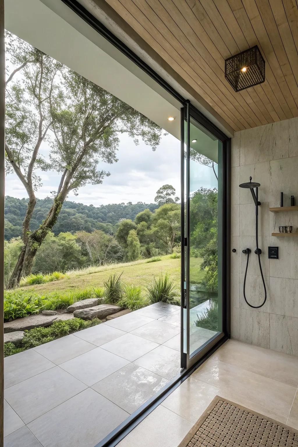A washroom designed to frame beautiful outdoor views.