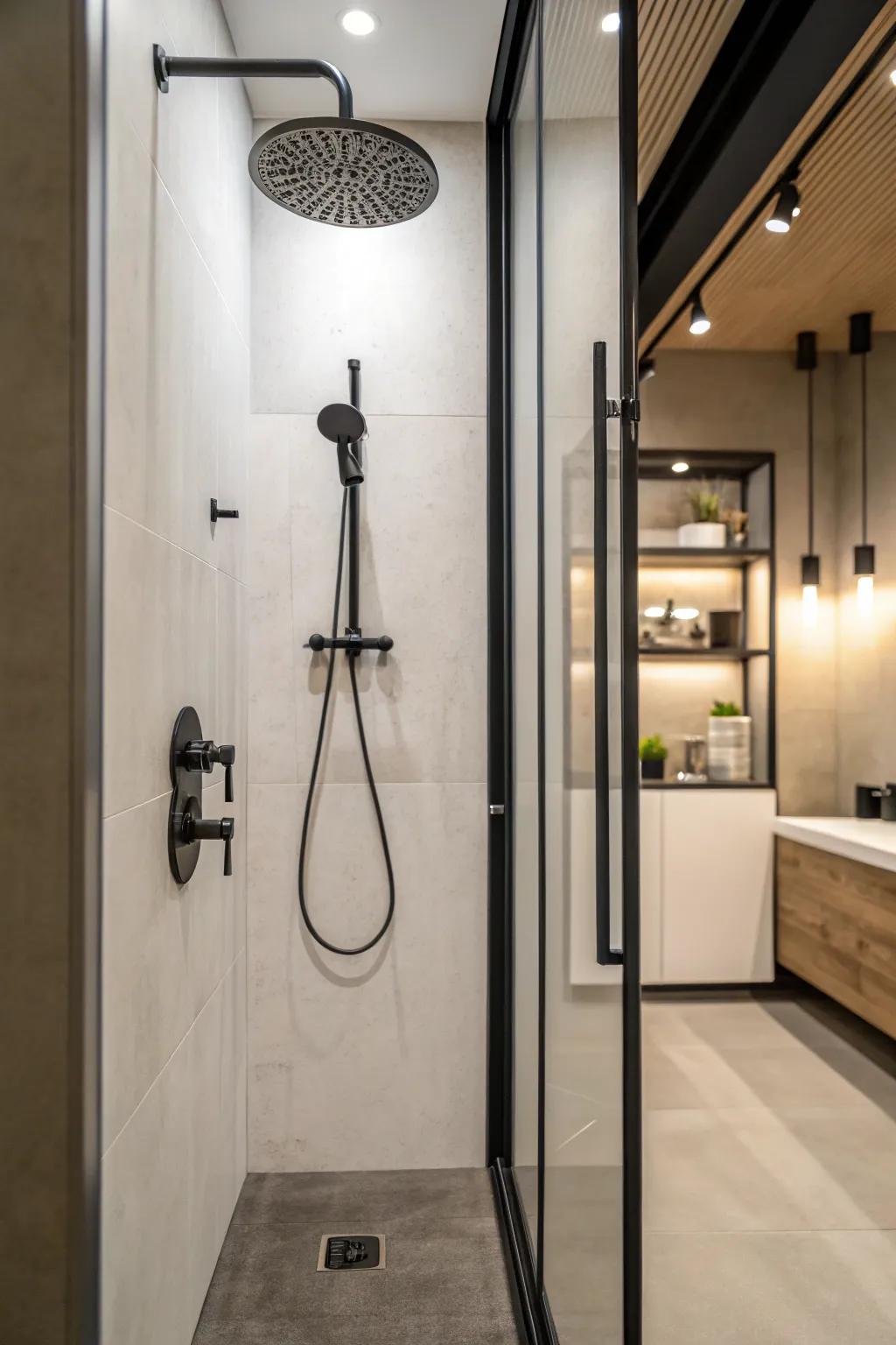 A modern shower stall featuring minimalist fixtures that emphasize elegance.