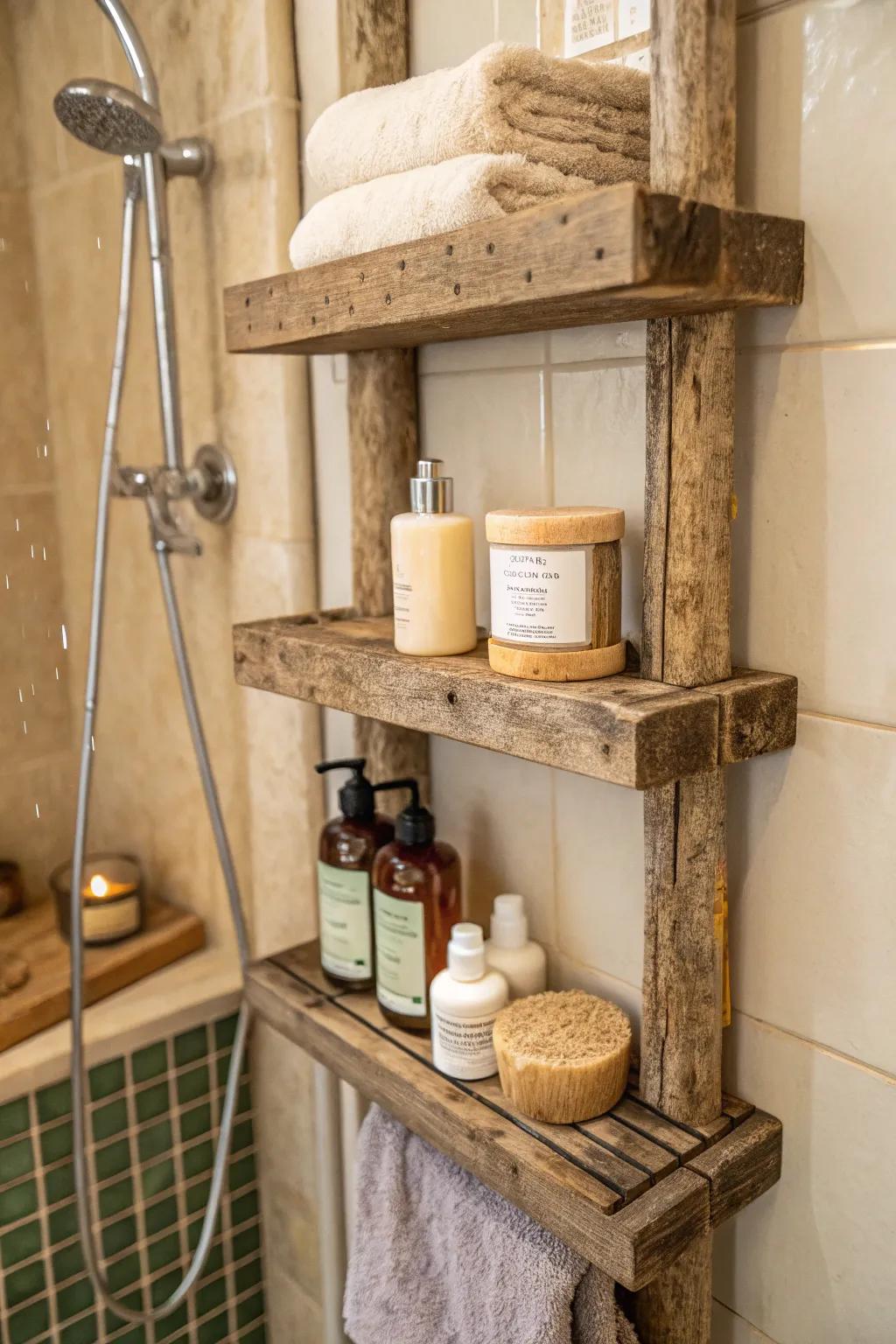 Wooden aspects impart warmth and persona to bathroom settings.