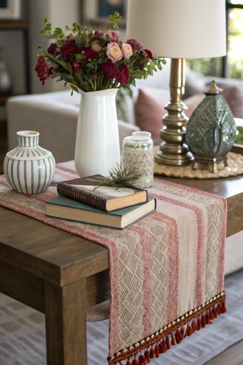 A side table styled with a textured runner for enhanced depth.