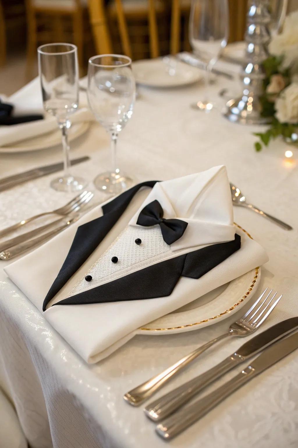 A silken cloth arranged into a classic dinner jacket, ideal for stylish dining experiences.