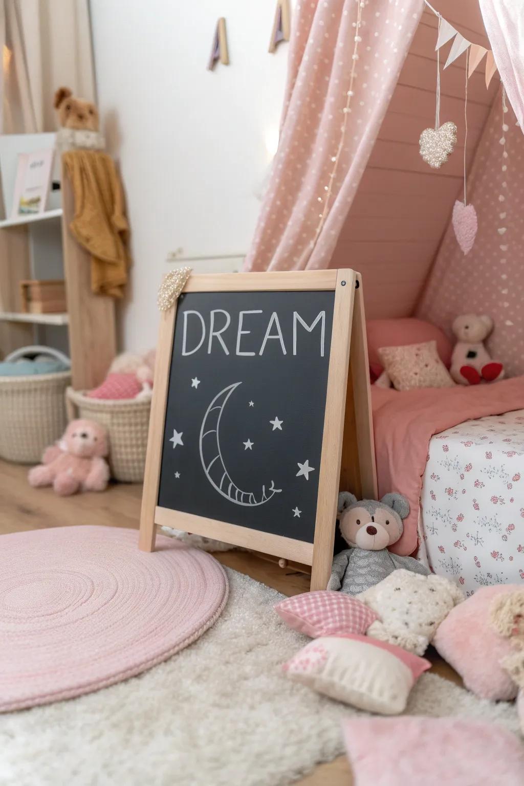 Child's chamber slate board featuring a dream-themed inscription.