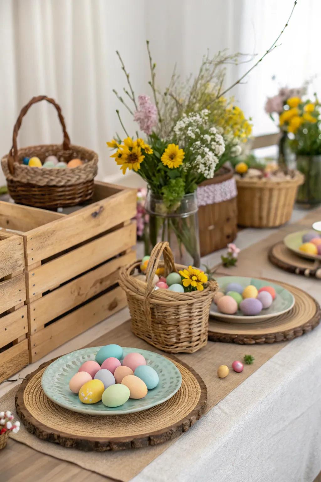 Wooden elements add a rustic touch to the table.