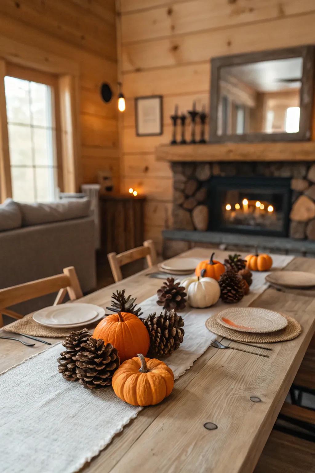 Holiday-inspired decorations bestowing charm to a rustic table.