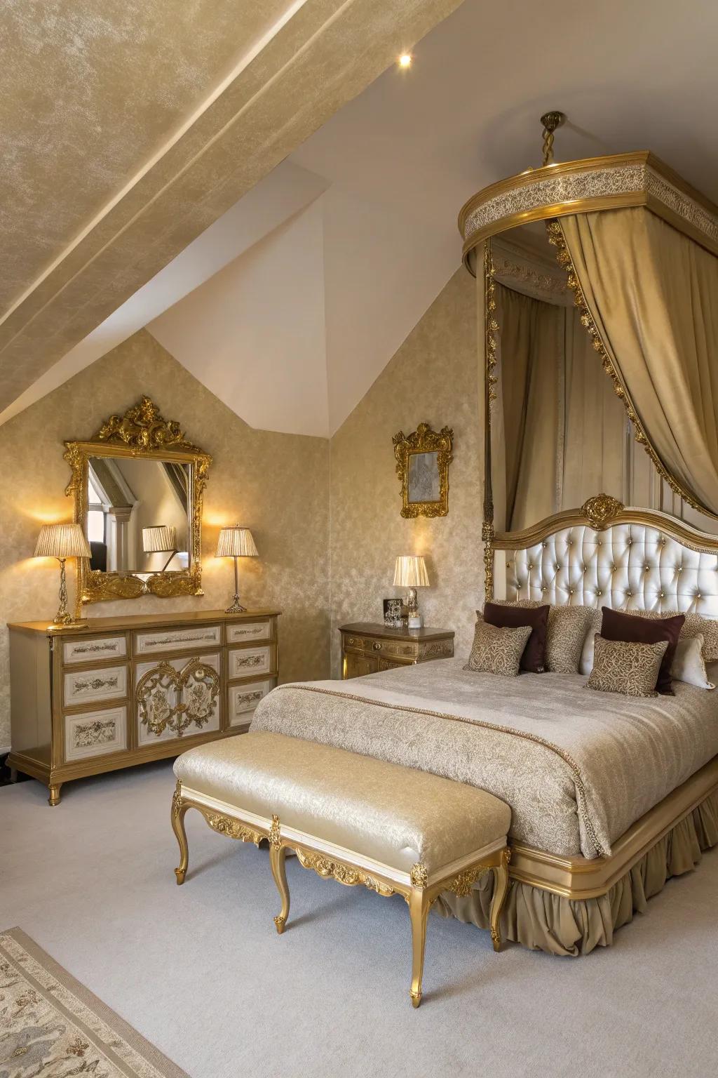 Metallic accents bring a hint of luxury and light to this stylish bedroom.