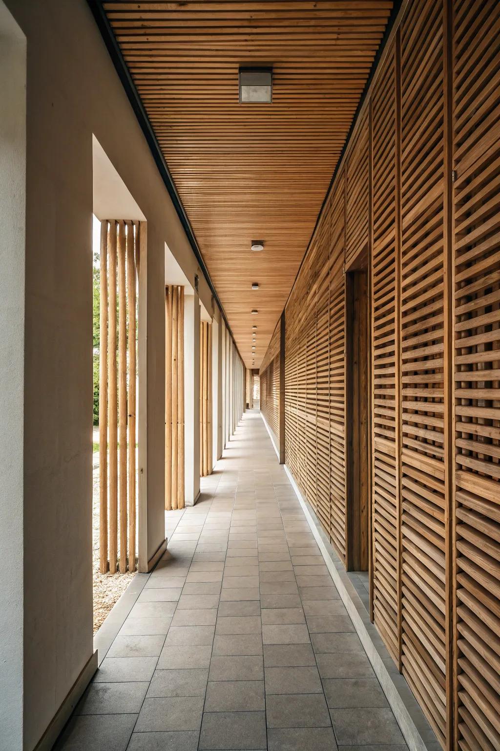 An extensive passageway redesigned via lumber strip panels for amplified captivation.