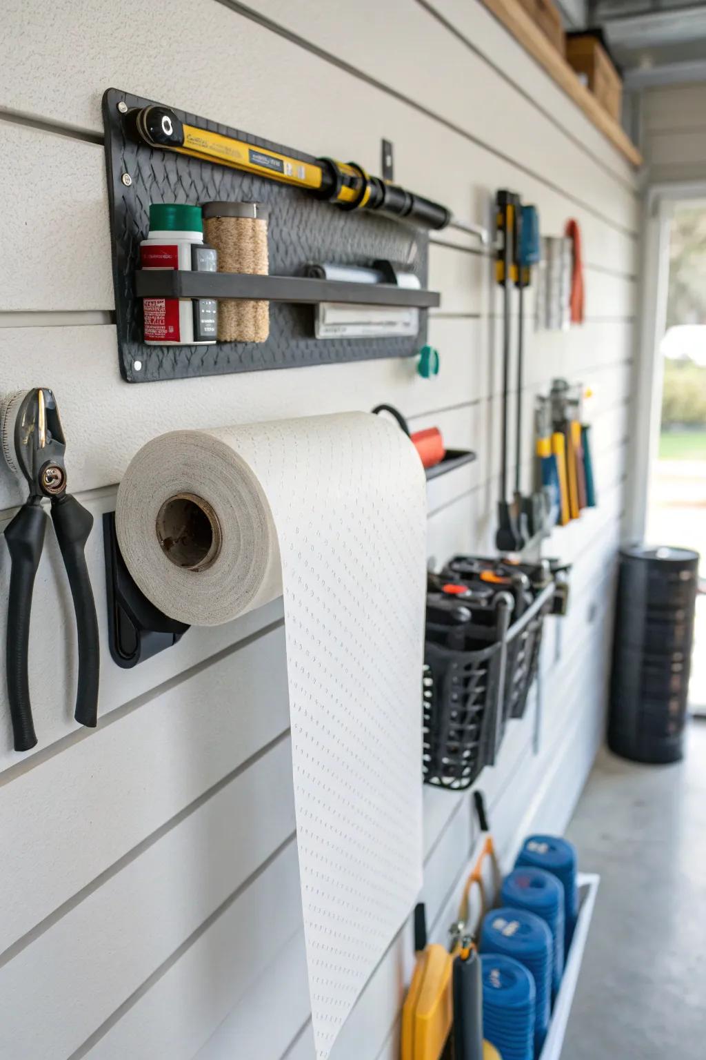 A paper towel dispenser on a panel-track is handy for quick clean-ups.