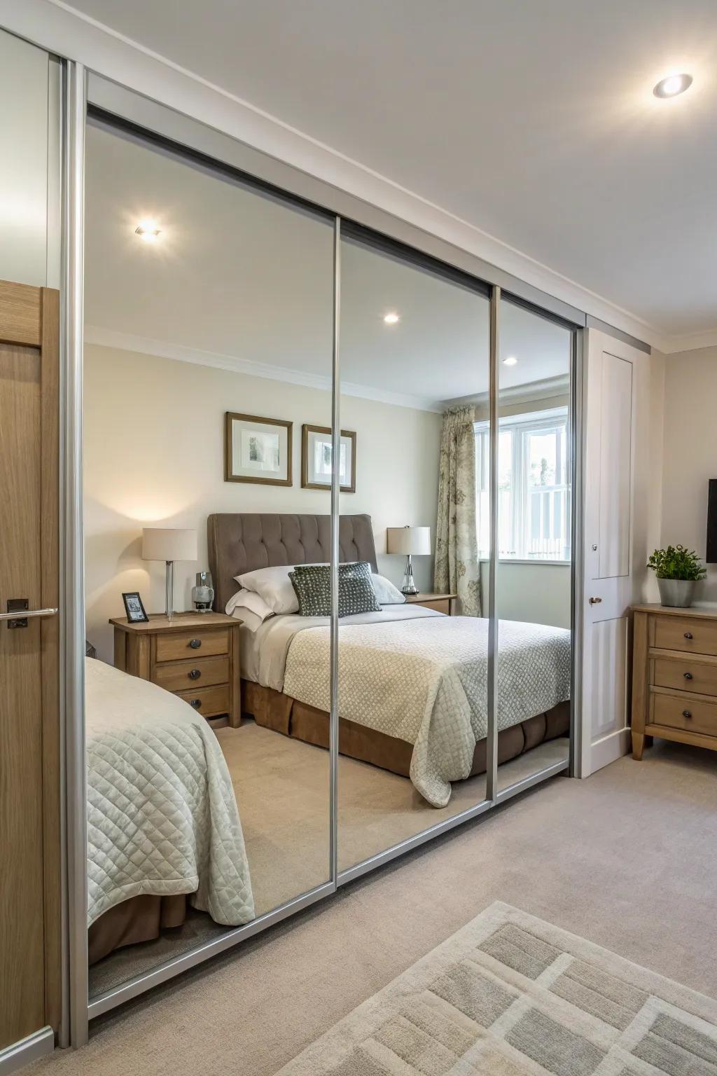Mirrored sliding doors amplify the light and space in this bedroom.