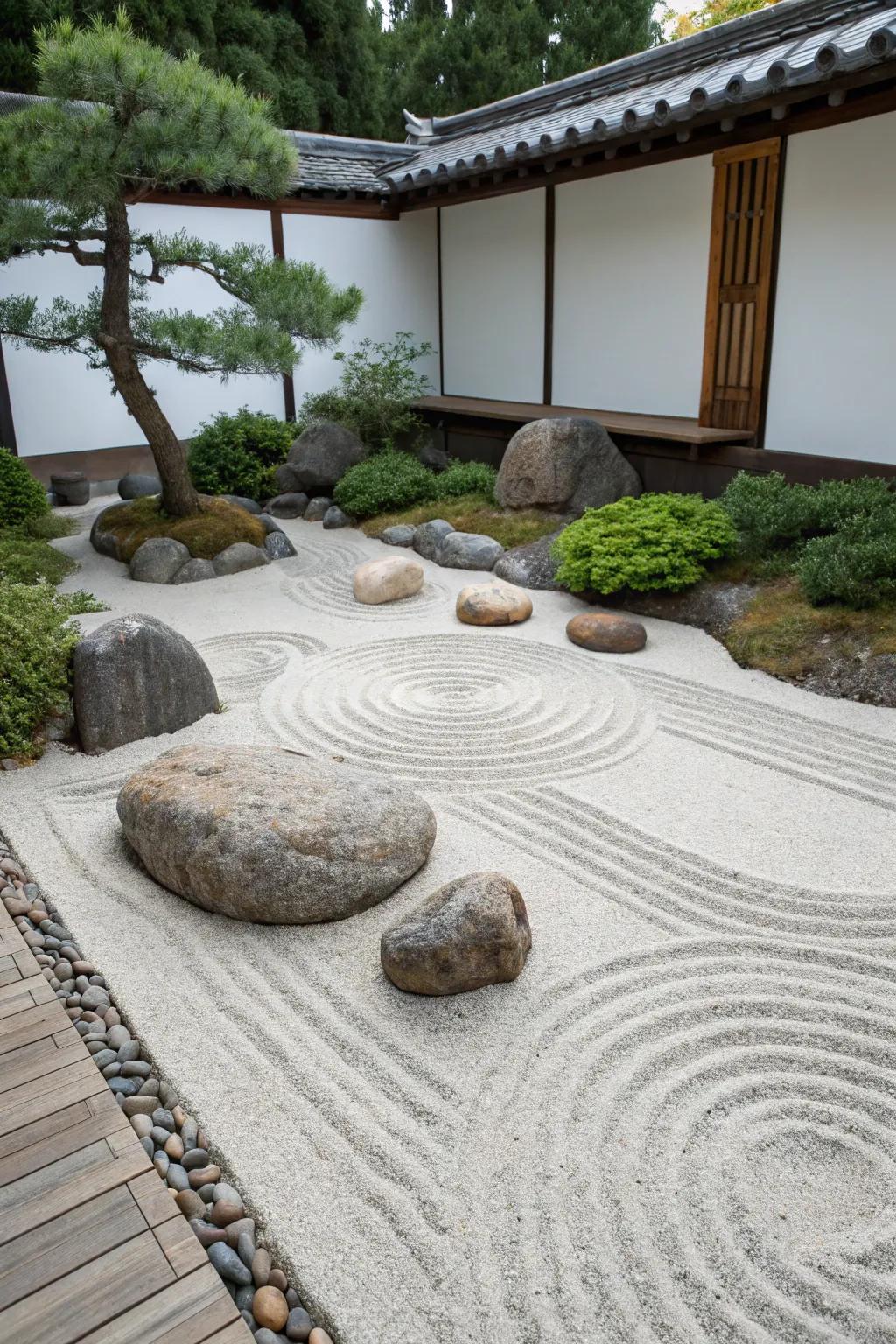 A minimalistic zen garden displays rocks and designed sand, offering a straightforward, relaxing design.