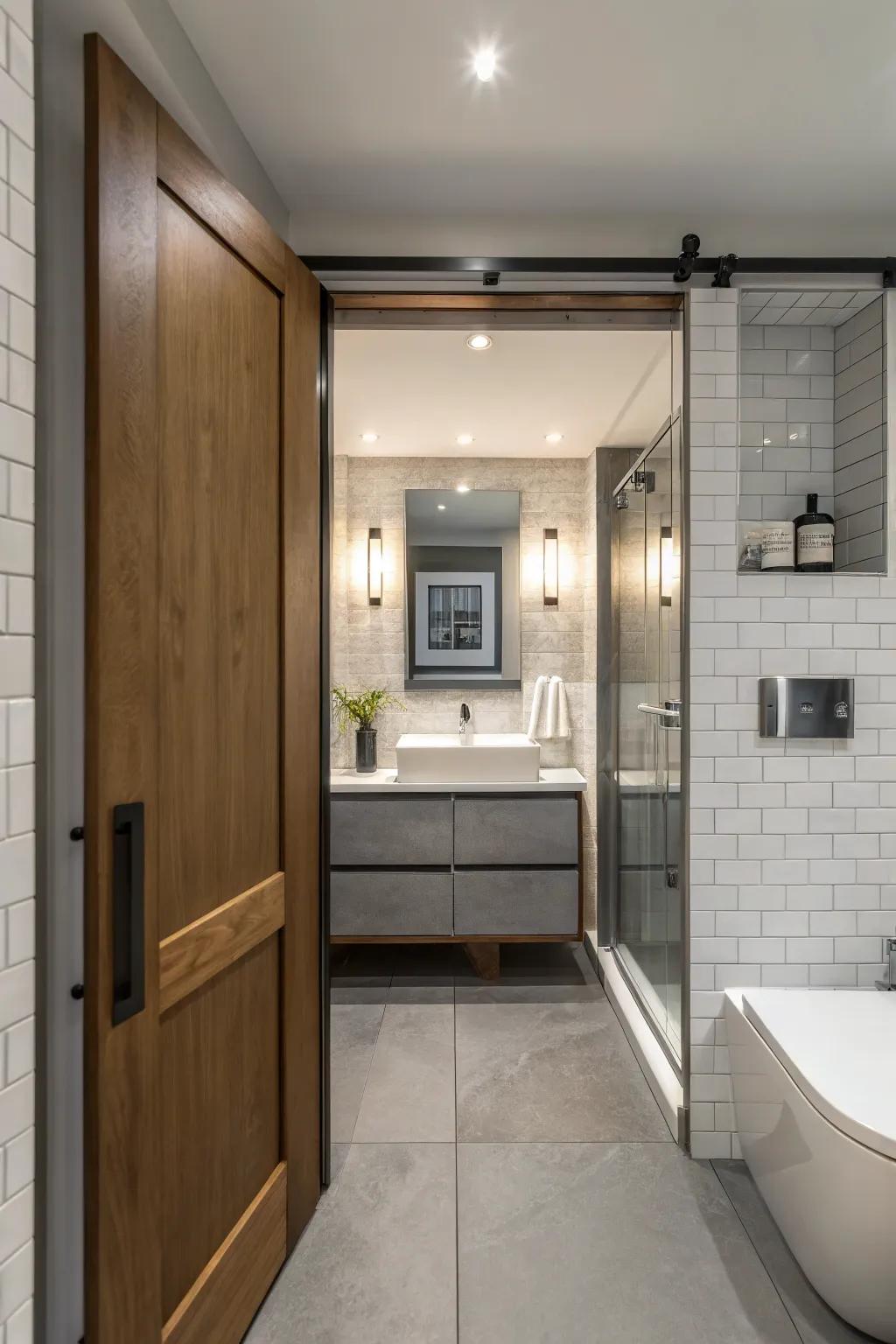A sliding wall door improves space efficiency in a compact bathroom.