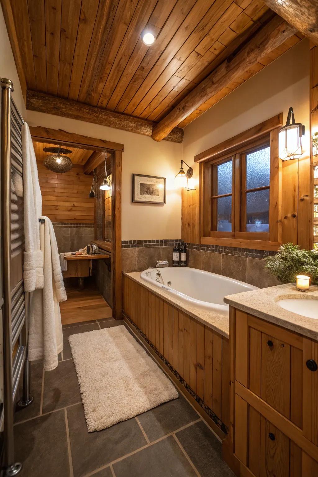 Wood accents add warmth to a small bathroom.