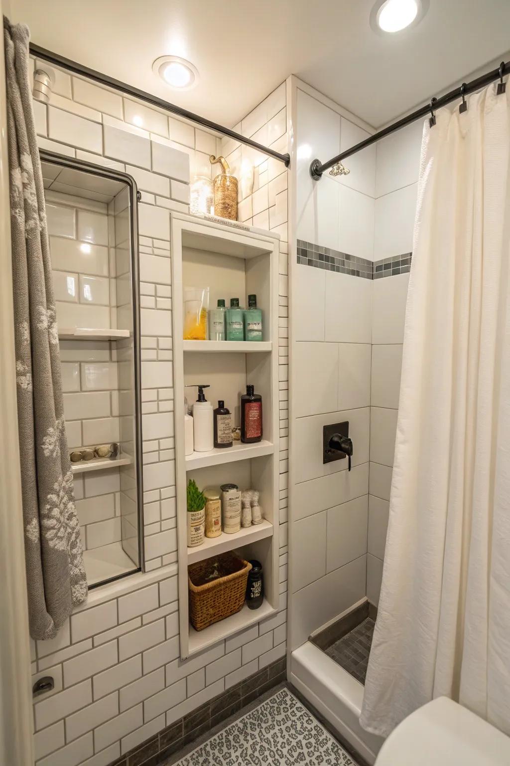 Built-in niches ensure essentials are kept neat and easily accessible.