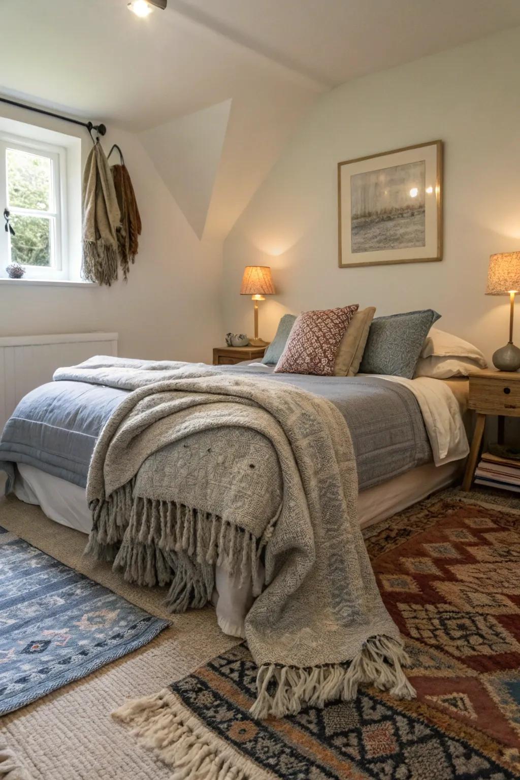 A compact bedroom enhanced with layered textiles and rugs for added warmth.