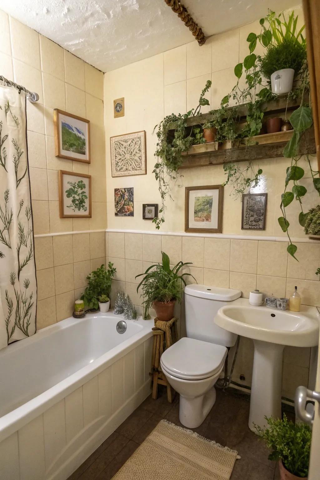 A personalized small bathroom with greenery and art.