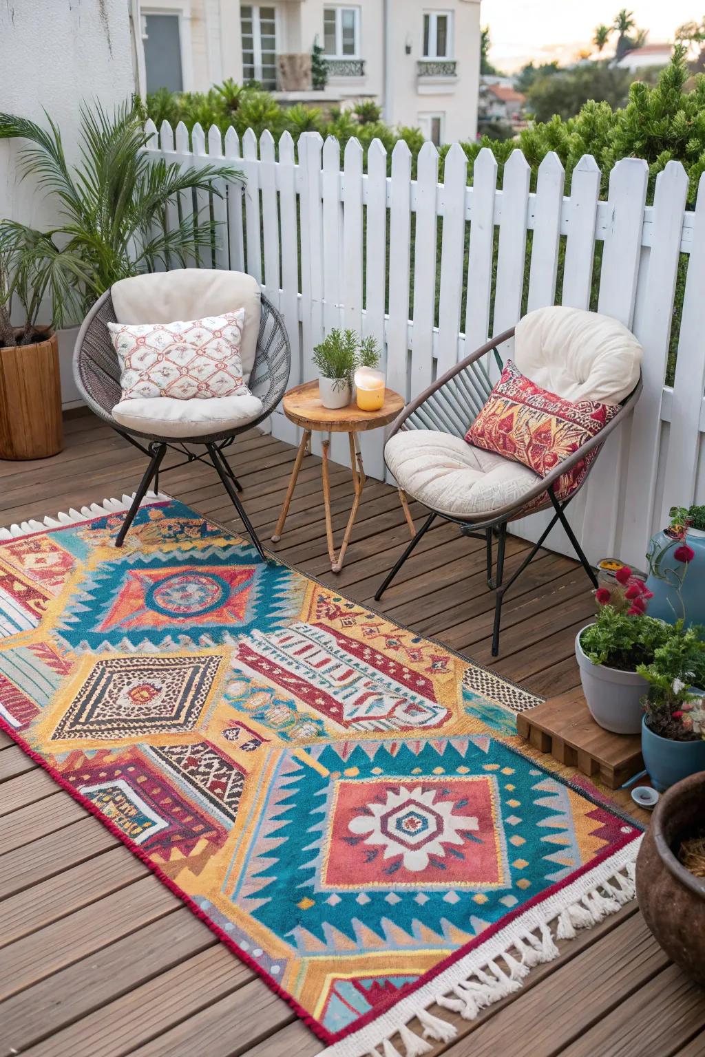 A colorful outdoor rug defines the space and adds vibrancy.