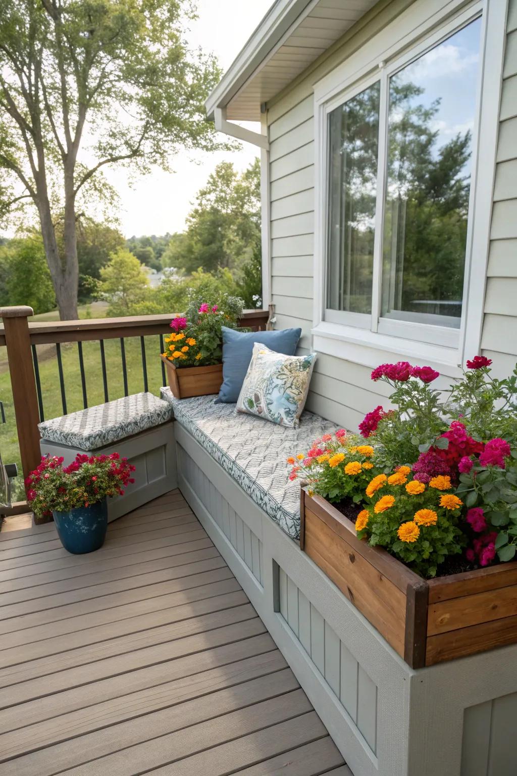 A personal touch with a DIY bench and planter on a compact deck.