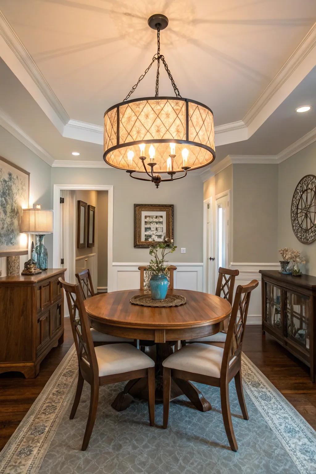 A declaration illumination accessory becomes the focal point in a small dining room.
