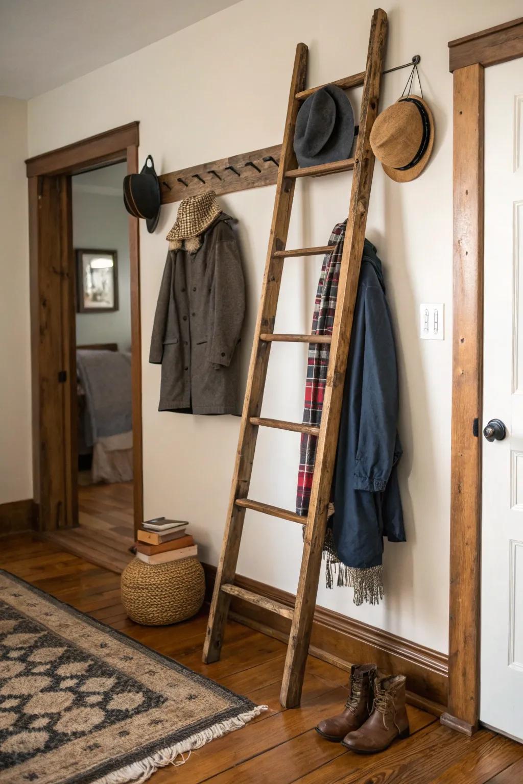 A rustic ladder brings charm and functionality to small spaces.