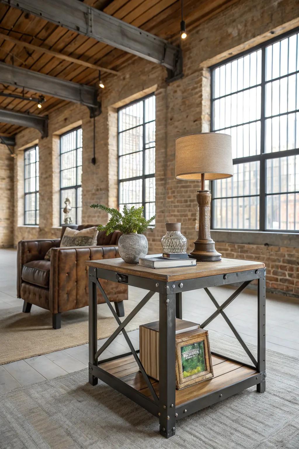 An industrial end table introduces a rugged touch to a loft apartment.