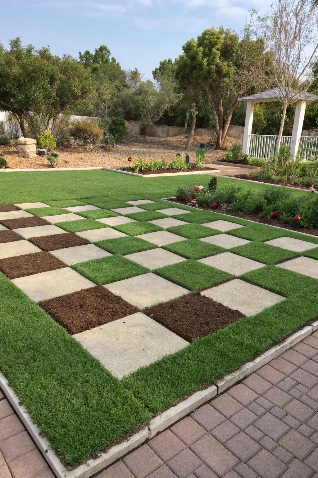 An engaging checkerboard layout employing artificial turf.
