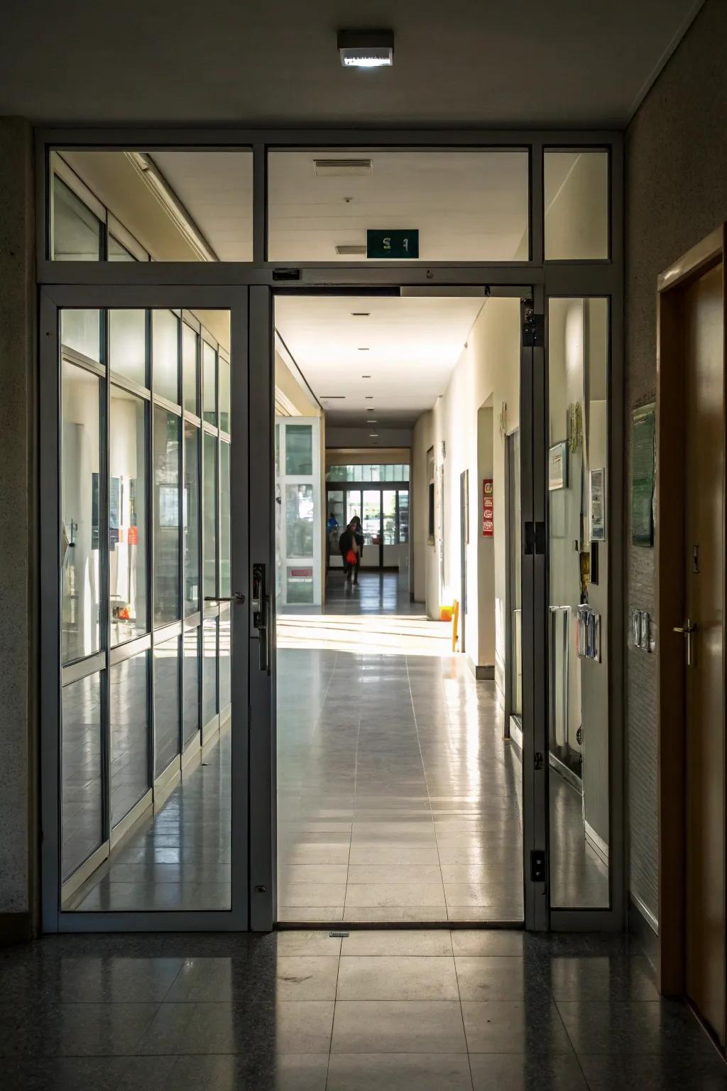 Glass doors allow natural light to flow, fostering an airy environment.