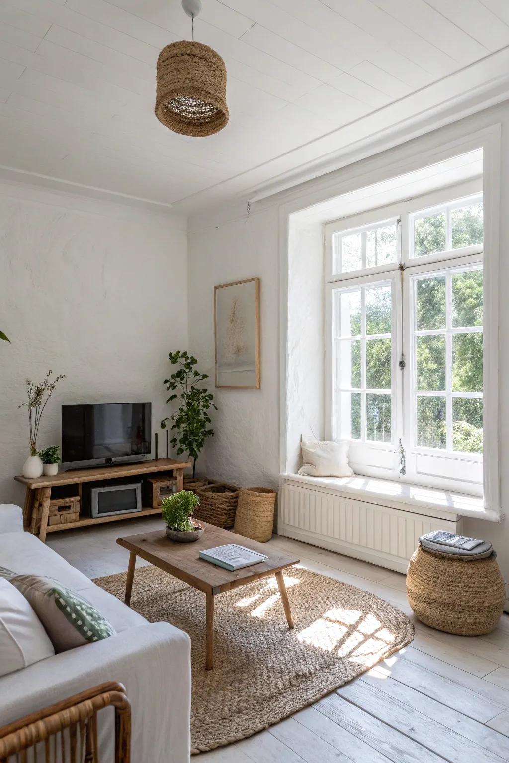 A compact living space showcasing white walls to enhance the space.