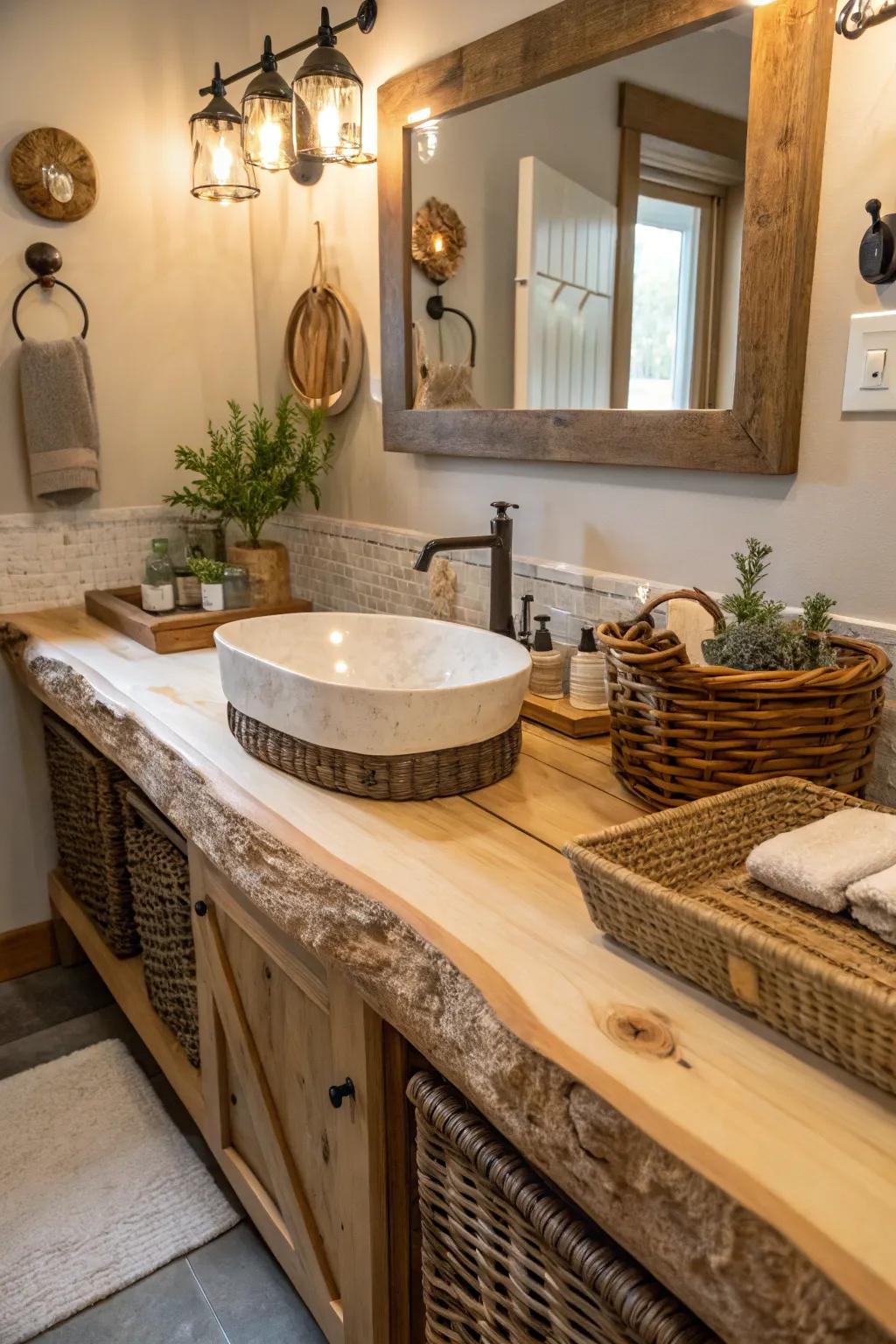 Live edge countertops bring nature indoors in a rustic bathroom.
