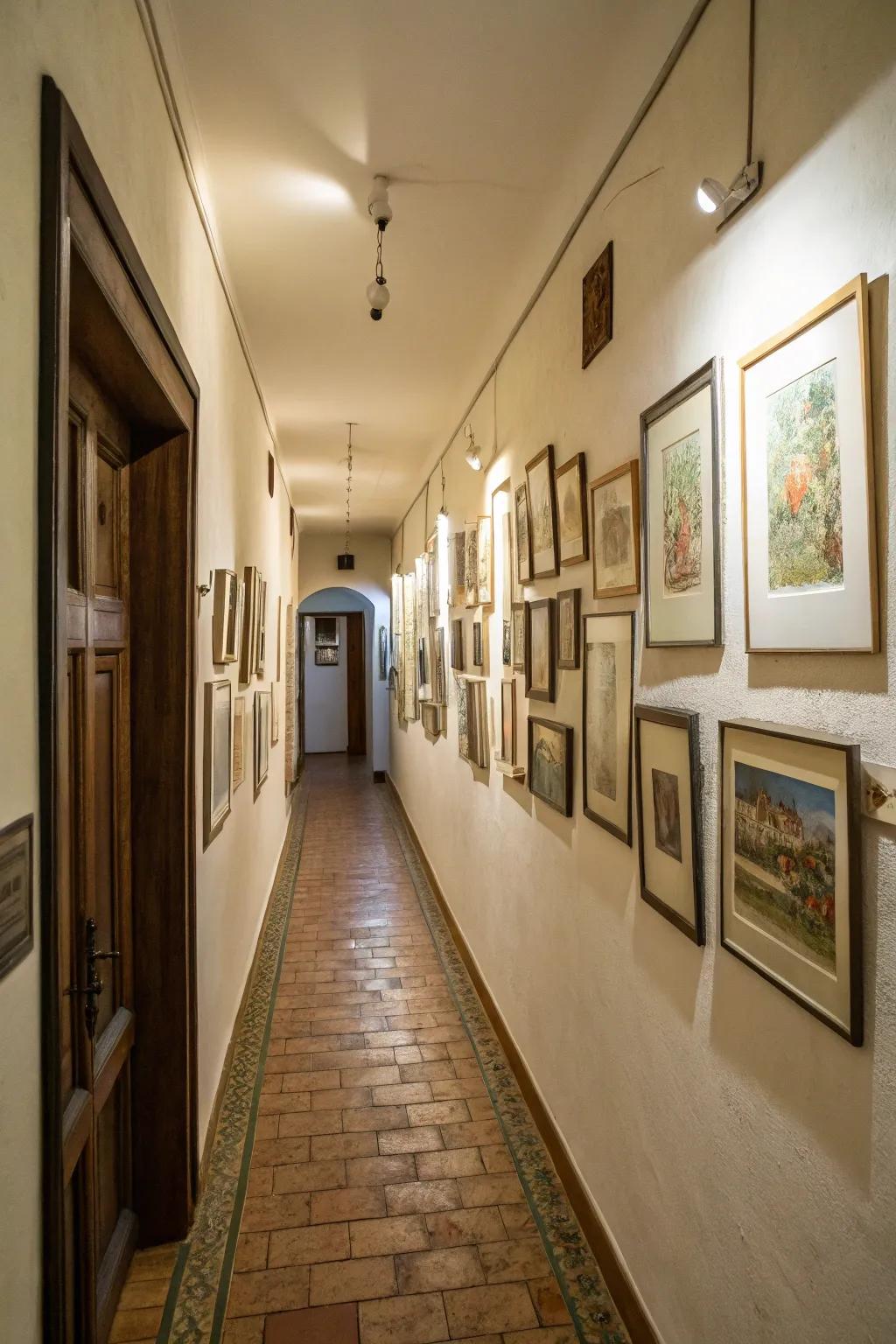 Art can infuse your slender passageway with character and charm.